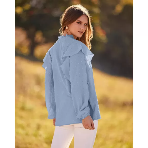 imageBTFBM 2023 Womens Casual Long Sleeve Blouse Ruffle Trim V Neck Lace Loose Swiss Dot Babydoll Flowy Shirts Tunic TopsSwiss Dot Blue
