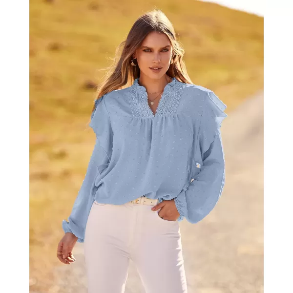 imageBTFBM 2023 Womens Casual Long Sleeve Blouse Ruffle Trim V Neck Lace Loose Swiss Dot Babydoll Flowy Shirts Tunic TopsSwiss Dot Blue