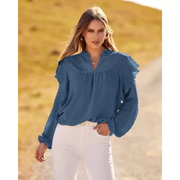 imageBTFBM 2023 Womens Casual Long Sleeve Blouse Ruffle Trim V Neck Lace Loose Swiss Dot Babydoll Flowy Shirts Tunic TopsSwiss Dot Dark Blue