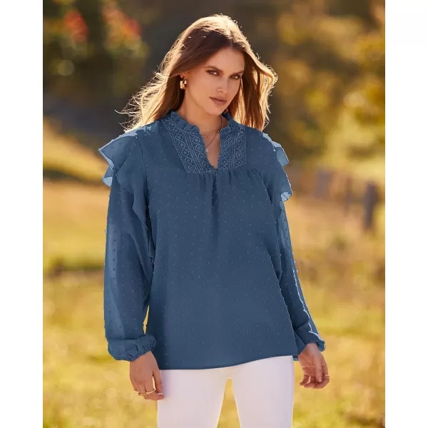 imageBTFBM 2023 Womens Casual Long Sleeve Blouse Ruffle Trim V Neck Lace Loose Swiss Dot Babydoll Flowy Shirts Tunic TopsSwiss Dot Dark Blue