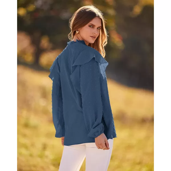 imageBTFBM 2023 Womens Casual Long Sleeve Blouse Ruffle Trim V Neck Lace Loose Swiss Dot Babydoll Flowy Shirts Tunic TopsSwiss Dot Dark Blue