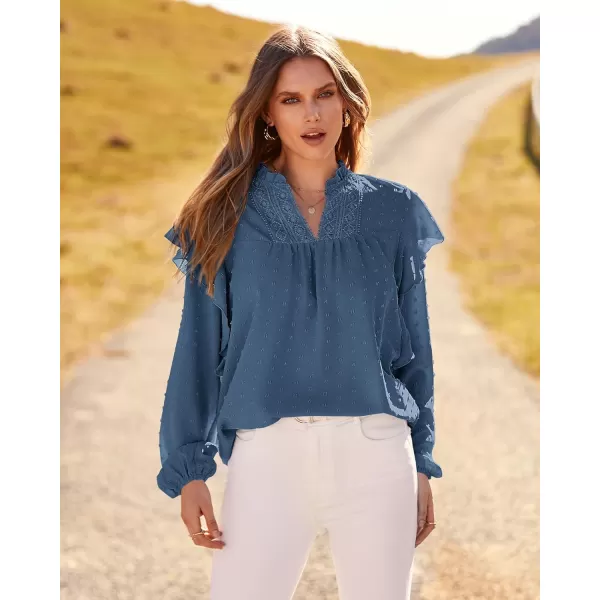 imageBTFBM 2023 Womens Casual Long Sleeve Blouse Ruffle Trim V Neck Lace Loose Swiss Dot Babydoll Flowy Shirts Tunic TopsSwiss Dot Dark Blue