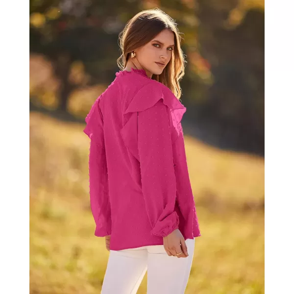 imageBTFBM 2023 Womens Casual Long Sleeve Blouse Ruffle Trim V Neck Lace Loose Swiss Dot Babydoll Flowy Shirts Tunic TopsSwiss Dot Rose Red