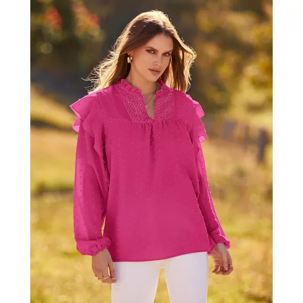 imageBTFBM 2023 Womens Casual Long Sleeve Blouse Ruffle Trim V Neck Lace Loose Swiss Dot Babydoll Flowy Shirts Tunic TopsSwiss Dot Rose Red