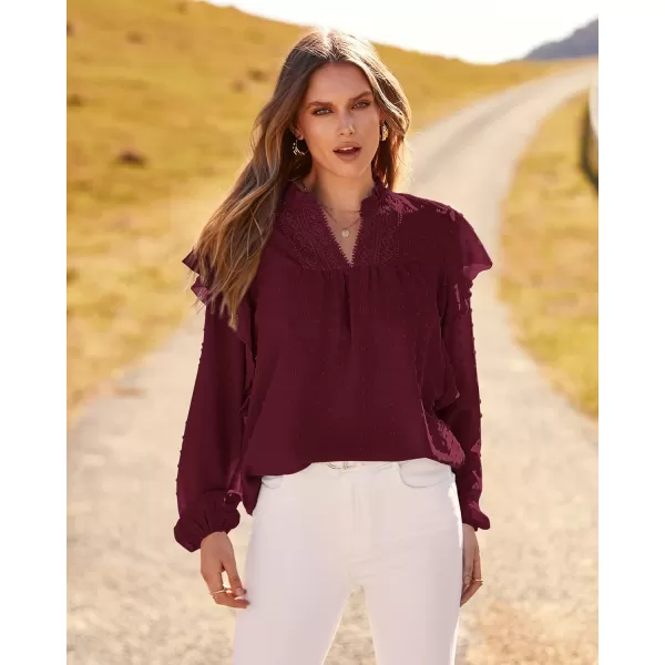 imageBTFBM 2023 Womens Casual Long Sleeve Blouse Ruffle Trim V Neck Lace Loose Swiss Dot Babydoll Flowy Shirts Tunic TopsSwiss Dot Wine Red
