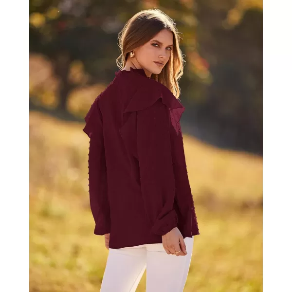 imageBTFBM 2023 Womens Casual Long Sleeve Blouse Ruffle Trim V Neck Lace Loose Swiss Dot Babydoll Flowy Shirts Tunic TopsSwiss Dot Wine Red