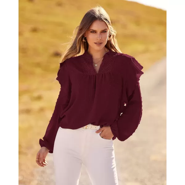 imageBTFBM 2023 Womens Casual Long Sleeve Blouse Ruffle Trim V Neck Lace Loose Swiss Dot Babydoll Flowy Shirts Tunic TopsSwiss Dot Wine Red