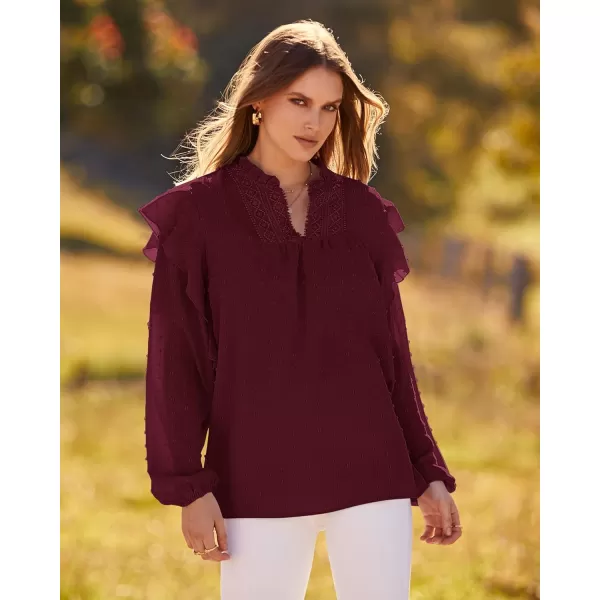 imageBTFBM 2023 Womens Casual Long Sleeve Blouse Ruffle Trim V Neck Lace Loose Swiss Dot Babydoll Flowy Shirts Tunic TopsSwiss Dot Wine Red