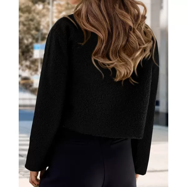 imageBTFBM 2023 Womens Fashion Fuzzy Fleece Short Jacket Fall Winter Lapel Button Down Outerwear Long Sleeve Faux Fur CoatSolid Black