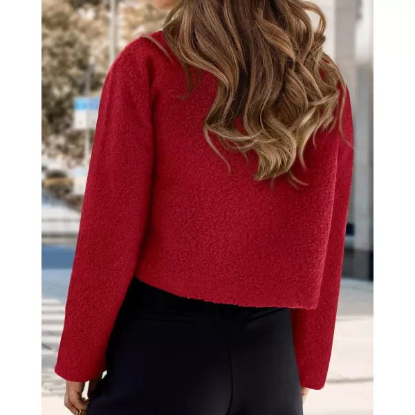 imageBTFBM 2023 Womens Fashion Fuzzy Fleece Short Jacket Fall Winter Lapel Button Down Outerwear Long Sleeve Faux Fur CoatSolid Wine Red
