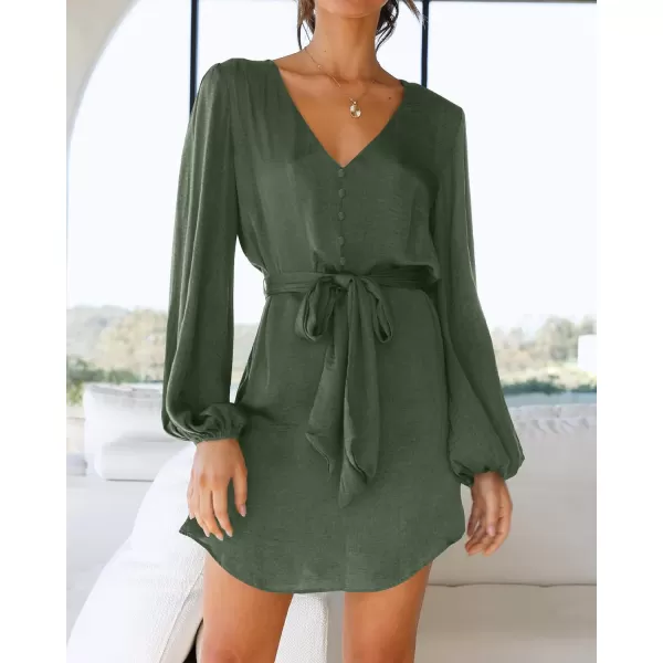 imageBTFBM 2023 Womens Long Puff Sleeve Satin Dress Casual V Neck Belted Short Spring Summer Party Cocktail Mini DressesSolid Army Green