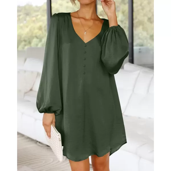 imageBTFBM 2023 Womens Long Puff Sleeve Satin Dress Casual V Neck Belted Short Spring Summer Party Cocktail Mini DressesSolid Army Green