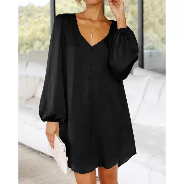 imageBTFBM 2023 Womens Long Puff Sleeve Satin Dress Casual V Neck Belted Short Spring Summer Party Cocktail Mini DressesSolid Black