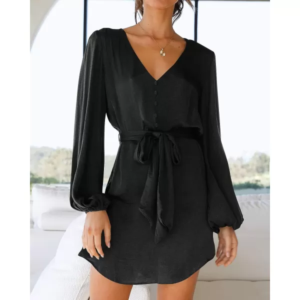 imageBTFBM 2023 Womens Long Puff Sleeve Satin Dress Casual V Neck Belted Short Spring Summer Party Cocktail Mini DressesSolid Black