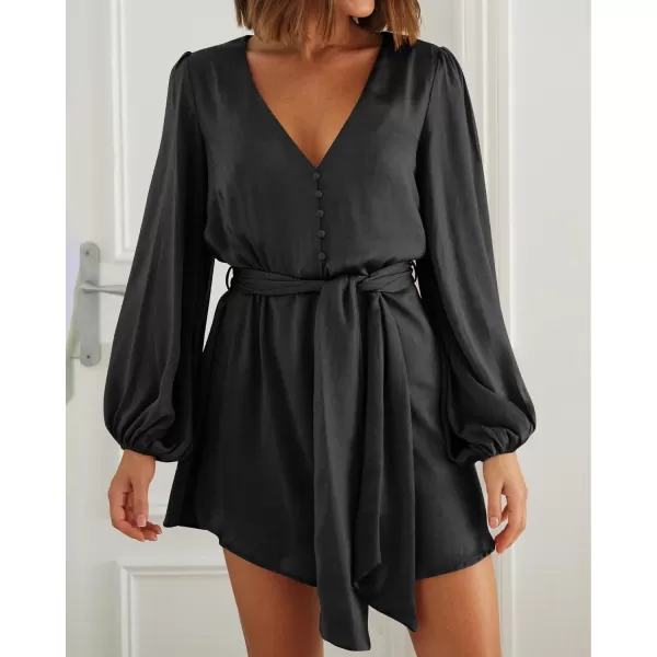 imageBTFBM 2023 Womens Long Puff Sleeve Satin Dress Casual V Neck Belted Short Spring Summer Party Cocktail Mini DressesSolid Black