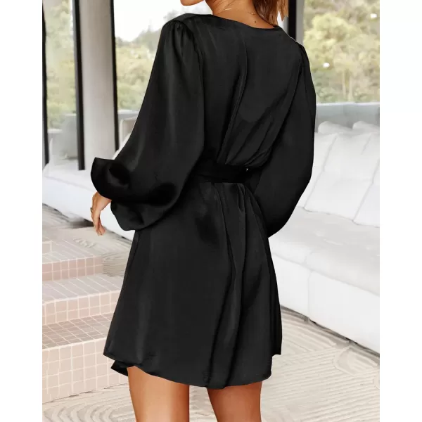 imageBTFBM 2023 Womens Long Puff Sleeve Satin Dress Casual V Neck Belted Short Spring Summer Party Cocktail Mini DressesSolid Black