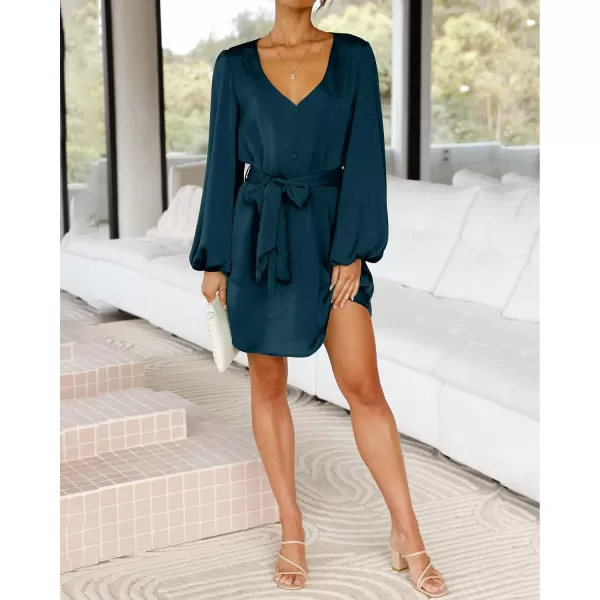 imageBTFBM 2023 Womens Long Puff Sleeve Satin Dress Casual V Neck Belted Short Spring Summer Party Cocktail Mini DressesSolid Dark Blue