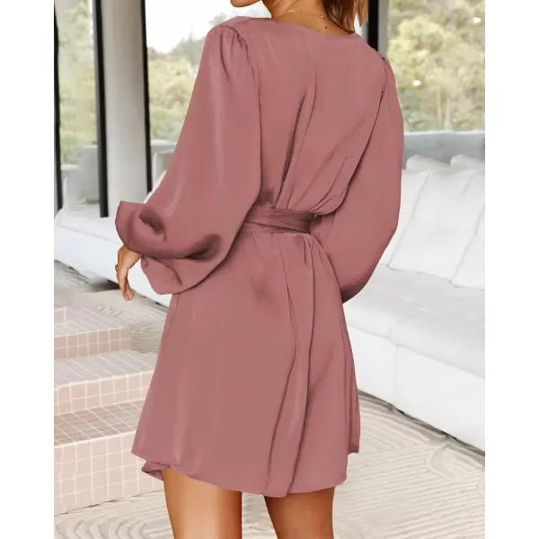 imageBTFBM 2023 Womens Long Puff Sleeve Satin Dress Casual V Neck Belted Short Spring Summer Party Cocktail Mini DressesSolid Dusty Pink