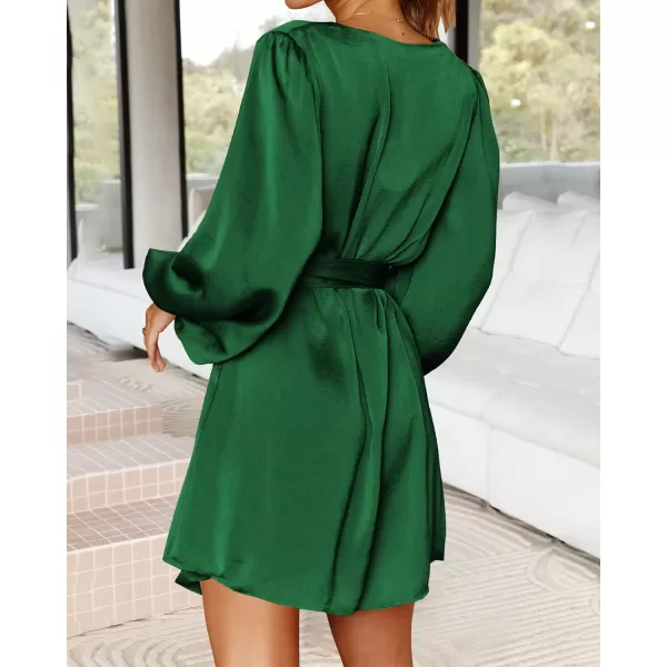 imageBTFBM 2023 Womens Long Puff Sleeve Satin Dress Casual V Neck Belted Short Spring Summer Party Cocktail Mini DressesSolid Green