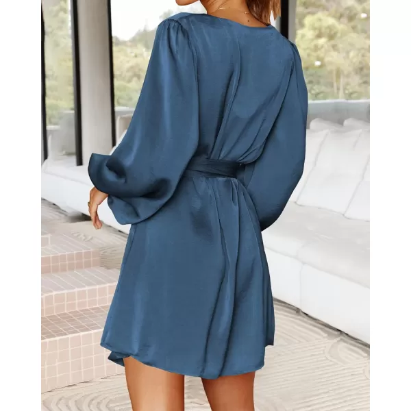 imageBTFBM 2023 Womens Long Puff Sleeve Satin Dress Casual V Neck Belted Short Spring Summer Party Cocktail Mini DressesSolid Grey Blue