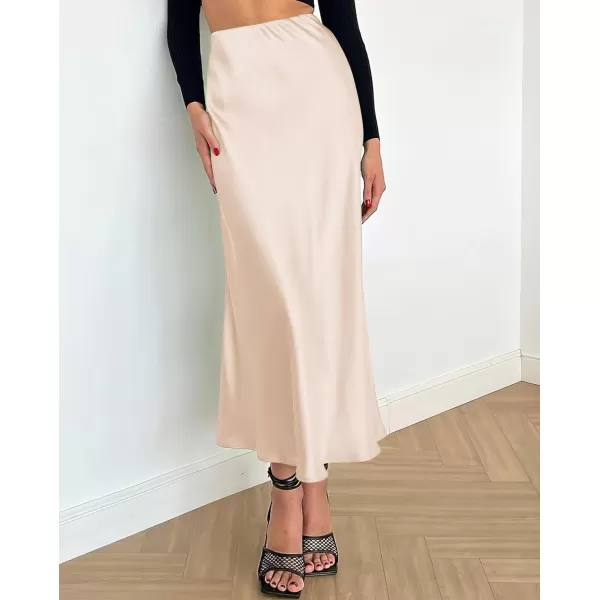 imageBTFBM 2023 Womens Long Satin Summer Fall Skirt Silk Elegant High Waist Cocktail Party Wedding Flared ALine Midi SkirtsSolid Beige