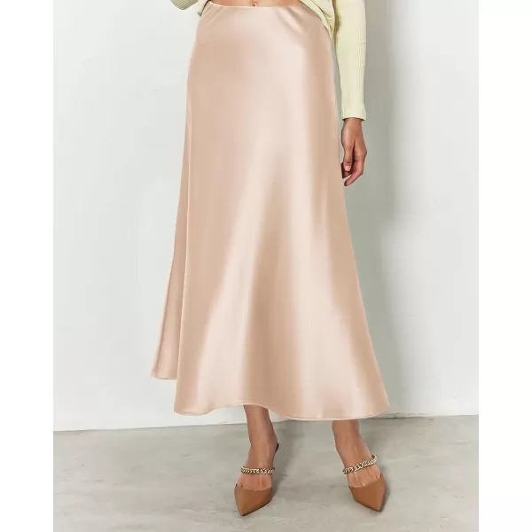 imageBTFBM 2023 Womens Long Satin Summer Fall Skirt Silk Elegant High Waist Cocktail Party Wedding Flared ALine Midi SkirtsSolid Beige