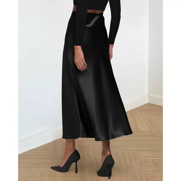 imageBTFBM 2023 Womens Long Satin Summer Fall Skirt Silk Elegant High Waist Cocktail Party Wedding Flared ALine Midi SkirtsSolid Black