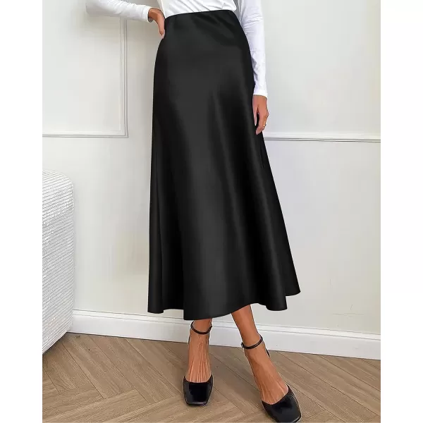 imageBTFBM 2023 Womens Long Satin Summer Fall Skirt Silk Elegant High Waist Cocktail Party Wedding Flared ALine Midi SkirtsSolid Black