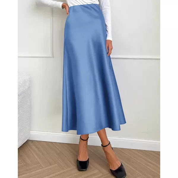 imageBTFBM 2023 Womens Long Satin Summer Fall Skirt Silk Elegant High Waist Cocktail Party Wedding Flared ALine Midi SkirtsSolid Blue