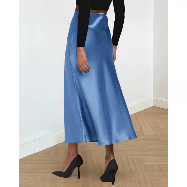 imageBTFBM 2023 Womens Long Satin Summer Fall Skirt Silk Elegant High Waist Cocktail Party Wedding Flared ALine Midi SkirtsSolid Blue