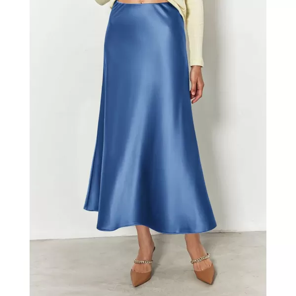 imageBTFBM 2023 Womens Long Satin Summer Fall Skirt Silk Elegant High Waist Cocktail Party Wedding Flared ALine Midi SkirtsSolid Blue