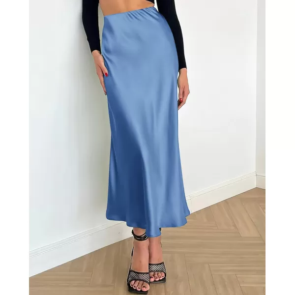 imageBTFBM 2023 Womens Long Satin Summer Fall Skirt Silk Elegant High Waist Cocktail Party Wedding Flared ALine Midi SkirtsSolid Blue