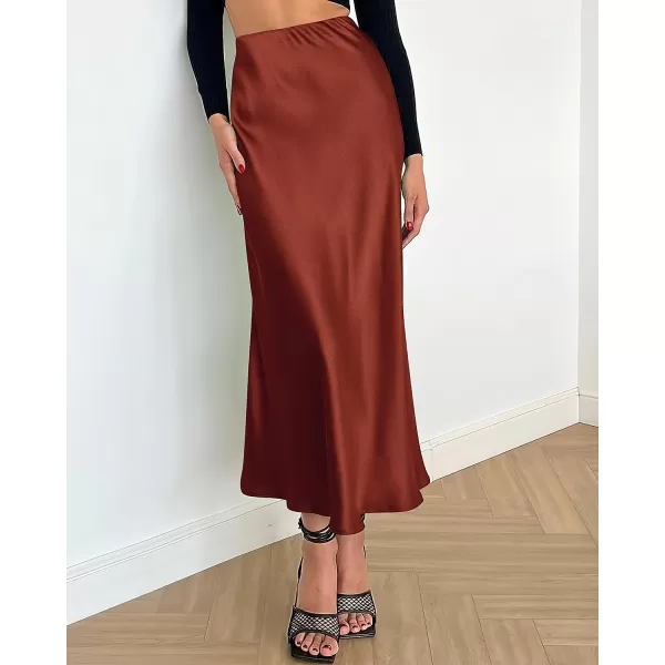 imageBTFBM 2023 Womens Long Satin Summer Fall Skirt Silk Elegant High Waist Cocktail Party Wedding Flared ALine Midi SkirtsSolid Brown