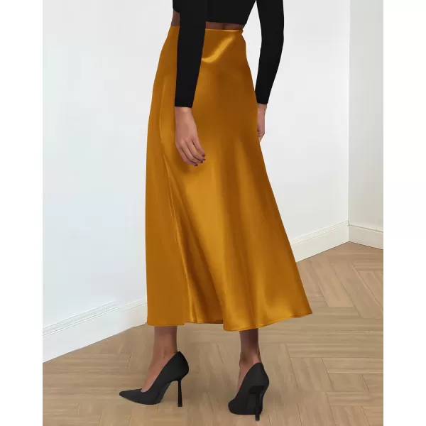 imageBTFBM 2023 Womens Long Satin Summer Fall Skirt Silk Elegant High Waist Cocktail Party Wedding Flared ALine Midi SkirtsSolid Brown Yellow