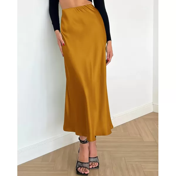 imageBTFBM 2023 Womens Long Satin Summer Fall Skirt Silk Elegant High Waist Cocktail Party Wedding Flared ALine Midi SkirtsSolid Brown Yellow