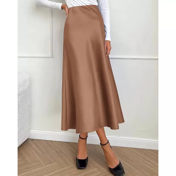imageBTFBM 2023 Womens Long Satin Summer Fall Skirt Silk Elegant High Waist Cocktail Party Wedding Flared ALine Midi SkirtsSolid Coffee