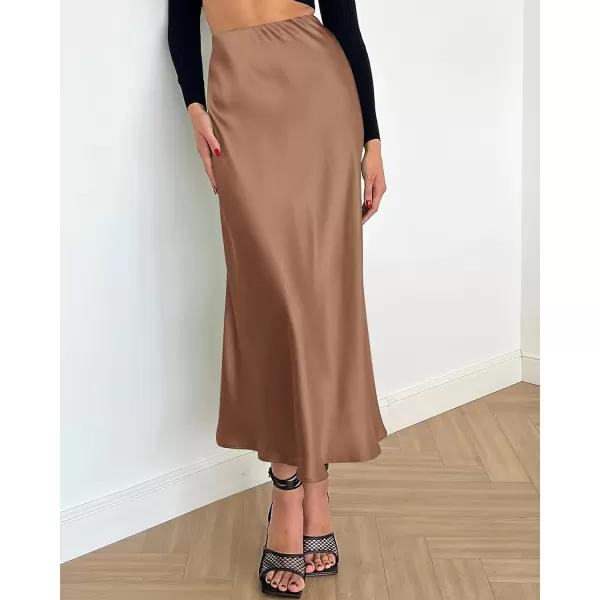 imageBTFBM 2023 Womens Long Satin Summer Fall Skirt Silk Elegant High Waist Cocktail Party Wedding Flared ALine Midi SkirtsSolid Coffee