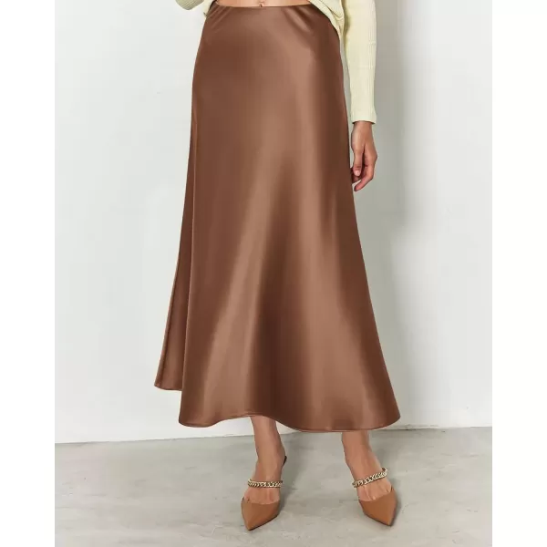 imageBTFBM 2023 Womens Long Satin Summer Fall Skirt Silk Elegant High Waist Cocktail Party Wedding Flared ALine Midi SkirtsSolid Coffee