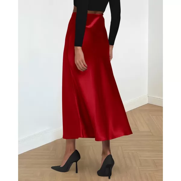 imageBTFBM 2023 Womens Long Satin Summer Fall Skirt Silk Elegant High Waist Cocktail Party Wedding Flared ALine Midi SkirtsSolid Dark Red