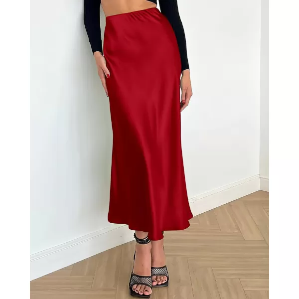 imageBTFBM 2023 Womens Long Satin Summer Fall Skirt Silk Elegant High Waist Cocktail Party Wedding Flared ALine Midi SkirtsSolid Dark Red
