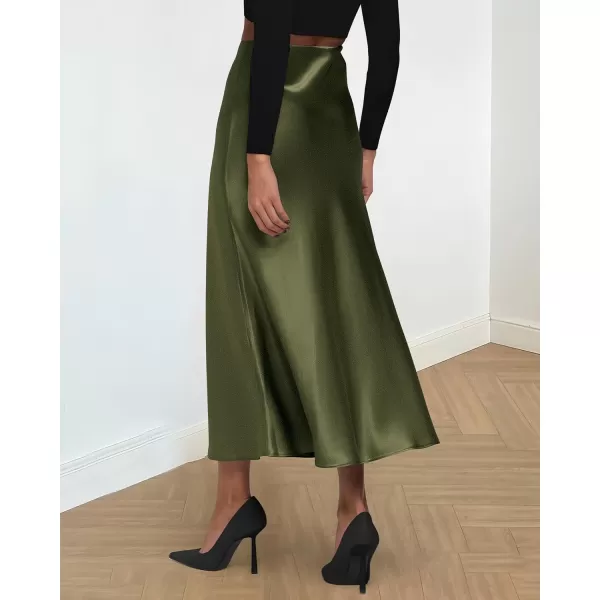 imageBTFBM 2023 Womens Long Satin Summer Fall Skirt Silk Elegant High Waist Cocktail Party Wedding Flared ALine Midi SkirtsSolid Light Army Green