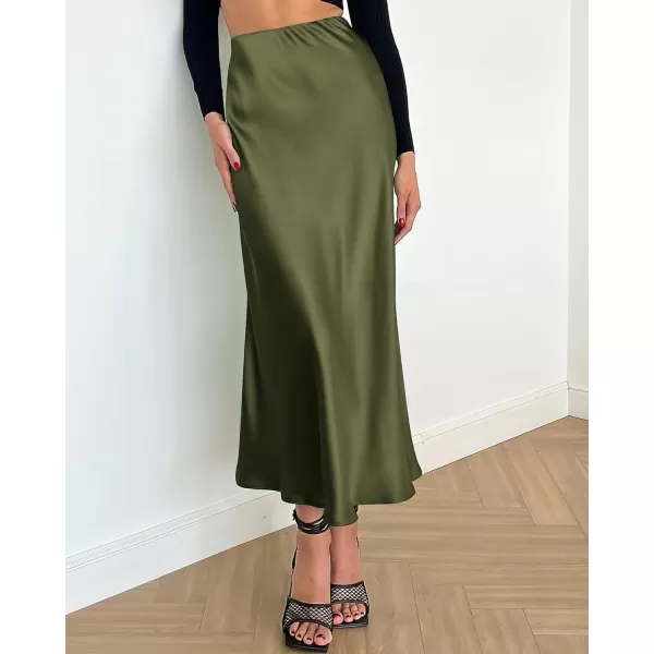 imageBTFBM 2023 Womens Long Satin Summer Fall Skirt Silk Elegant High Waist Cocktail Party Wedding Flared ALine Midi SkirtsSolid Light Army Green