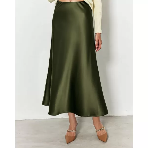 imageBTFBM 2023 Womens Long Satin Summer Fall Skirt Silk Elegant High Waist Cocktail Party Wedding Flared ALine Midi SkirtsSolid Light Army Green