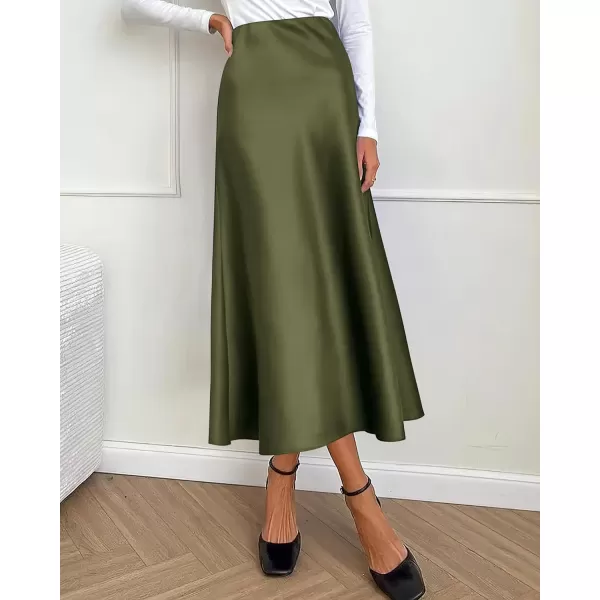 imageBTFBM 2023 Womens Long Satin Summer Fall Skirt Silk Elegant High Waist Cocktail Party Wedding Flared ALine Midi SkirtsSolid Light Army Green