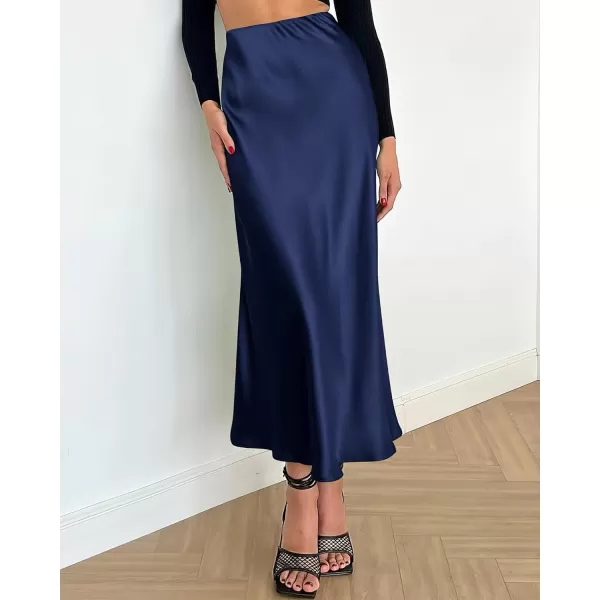 imageBTFBM 2023 Womens Long Satin Summer Fall Skirt Silk Elegant High Waist Cocktail Party Wedding Flared ALine Midi SkirtsSolid Navy