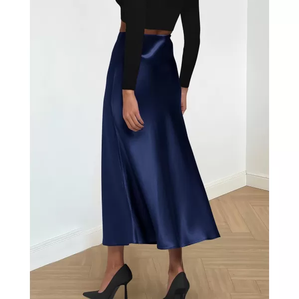 imageBTFBM 2023 Womens Long Satin Summer Fall Skirt Silk Elegant High Waist Cocktail Party Wedding Flared ALine Midi SkirtsSolid Navy
