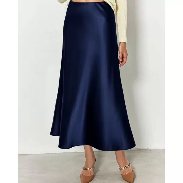 imageBTFBM 2023 Womens Long Satin Summer Fall Skirt Silk Elegant High Waist Cocktail Party Wedding Flared ALine Midi SkirtsSolid Navy