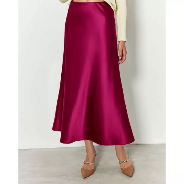 imageBTFBM 2023 Womens Long Satin Summer Fall Skirt Silk Elegant High Waist Cocktail Party Wedding Flared ALine Midi SkirtsSolid Rose Red