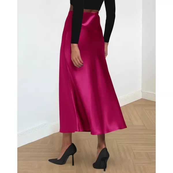 imageBTFBM 2023 Womens Long Satin Summer Fall Skirt Silk Elegant High Waist Cocktail Party Wedding Flared ALine Midi SkirtsSolid Rose Red