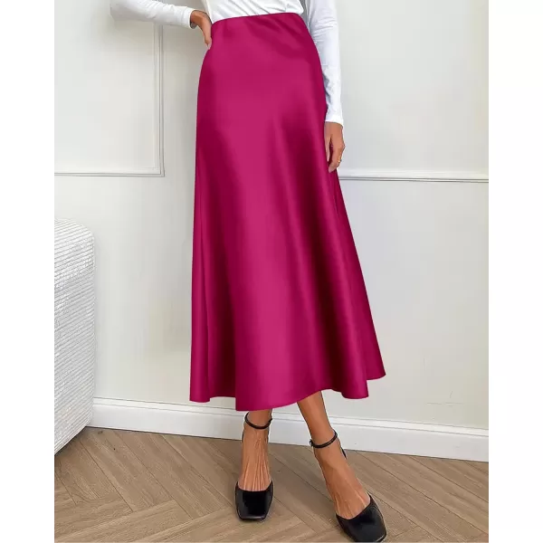 imageBTFBM 2023 Womens Long Satin Summer Fall Skirt Silk Elegant High Waist Cocktail Party Wedding Flared ALine Midi SkirtsSolid Rose Red